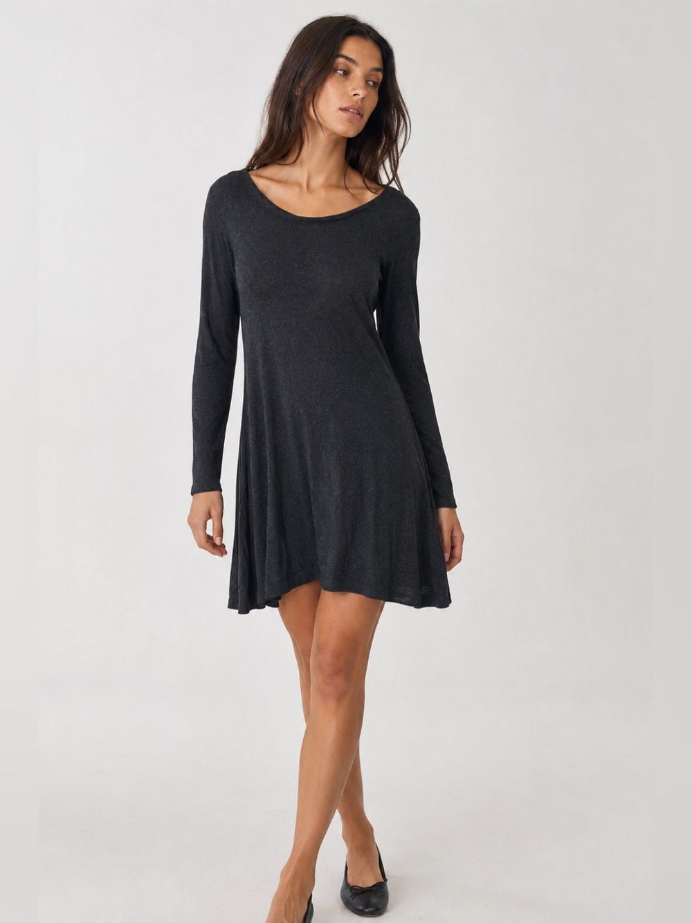 Eileen Fisher Grey Long Sleeve Swing Mini Dress Business Casual Stretchy Comfy